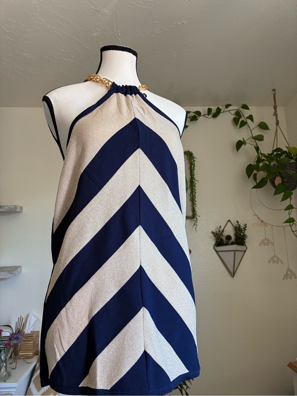 Adrienne Vittadini Navy and Cream Halter Chevron Tank Top with Gold Chain